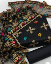 Khaddi Net Heavy Embroidered 3-Piece Dress 2K25 | Fancy Phulkari Dupatta & Katan Silk Trouser | Premium Quality Women’s Winter Collection