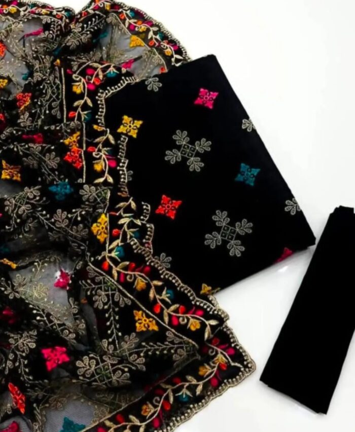 Khaddi Net Heavy Embroidered 3-Piece Dress 2K25 | Fancy Phulkari Dupatta & Katan Silk Trouser | Premium Quality Women’s Winter Collection