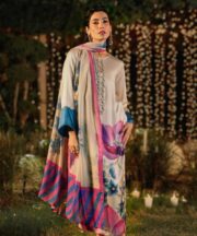 Luxury lulusar unstitched 3 piece silk suit in elegant digital print with heavy embroidered neck, stone work, and silk dupatta – premium women’s party wear collection