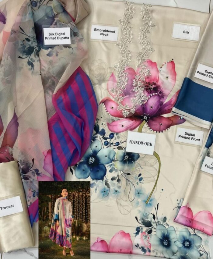 Luxury LULUSAR unstitched 3 piece silk suit in elegant digital print with heavy embroidered neck, stone work, and silk dupatta – premium women’s party wear collection 2025