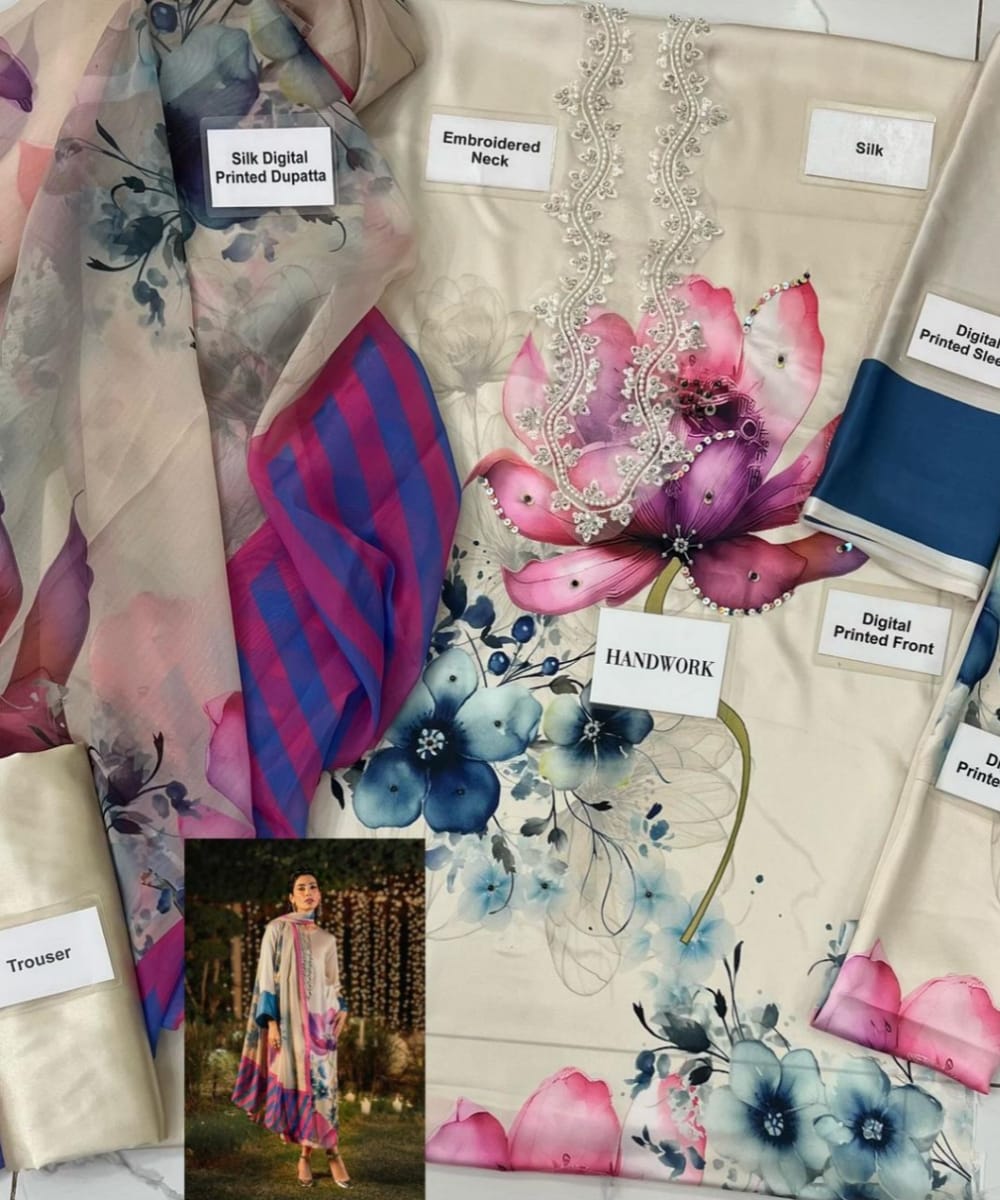 Luxury LULUSAR unstitched 3 piece silk suit in elegant digital print with heavy embroidered neck, stone work, and silk dupatta – premium women’s party wear collection 2025