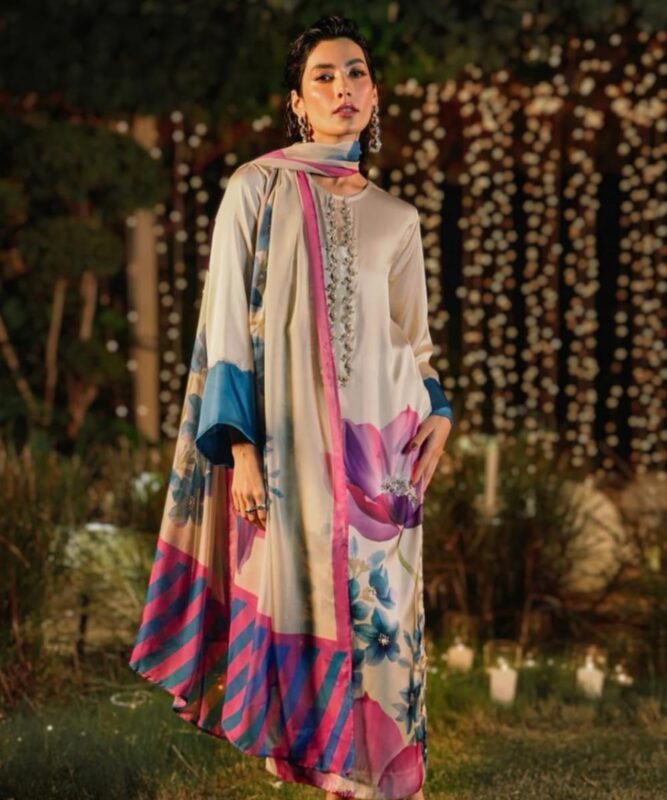 Luxury lulusar unstitched 3 piece silk suit in elegant digital print with heavy embroidered neck, stone work, and silk dupatta – premium women’s party wear collection