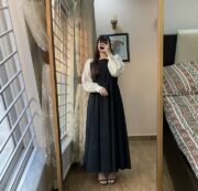 AknasClothing – Elegant Collection | Platted Black Maxi with White Sleeves