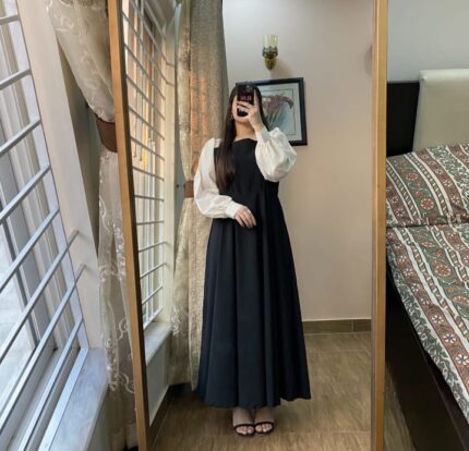 AknasClothing – Elegant Collection | Platted Black Maxi with White Sleeves