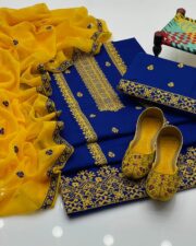 Elegant Cotton Embroidered 3-Piece Suit With Khusa