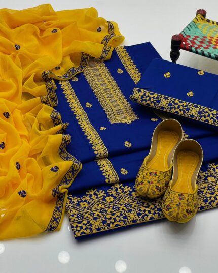 Elegant Cotton Embroidered 3-Piece Suit With Khusa