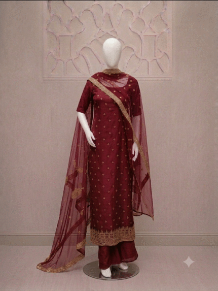 Premium Soft Net Fancy 3 Piece Suit – Heavy Katori Sequence Embroidery