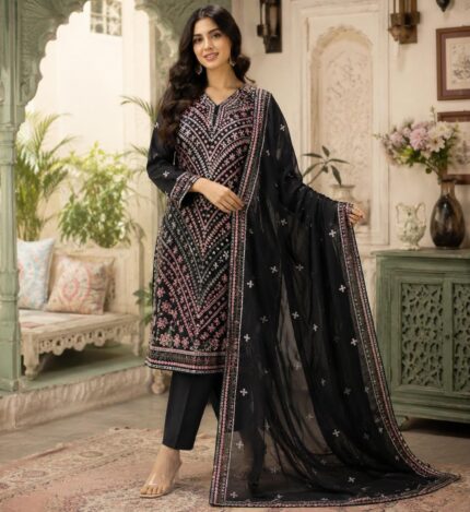 Maria.B Premium Black Chikankari Embroidered Lawn 3 Piece Unstitched Suit 2026