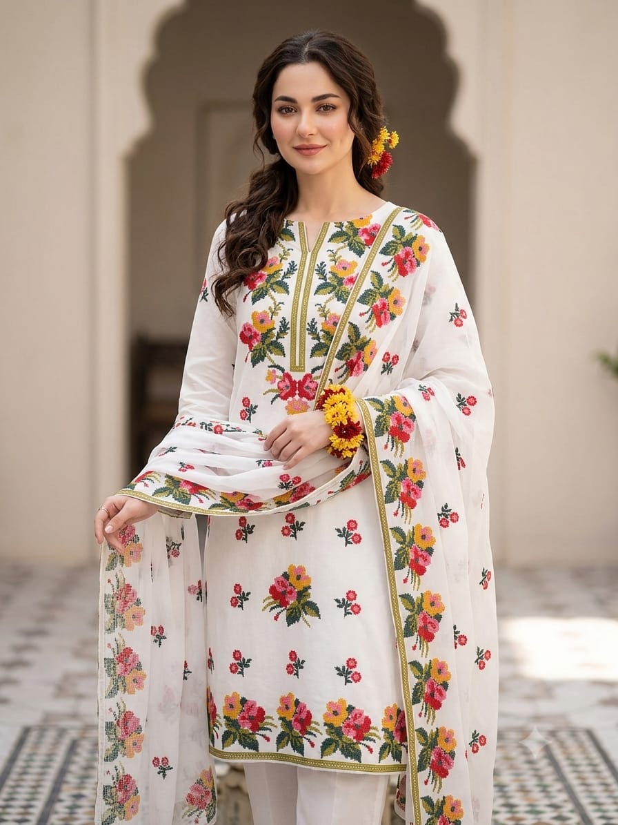 WhatsApp Image 2026-08-05 at 3.40.45675 PM Premium Mid Season Cotton Cross Stitch 3 Piece Suit - Image 1